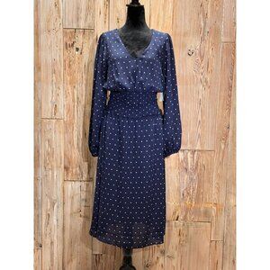 Superfox Smocked V-Neck Polka Dot Long Sleeve Midi Dress Blue Womens S
